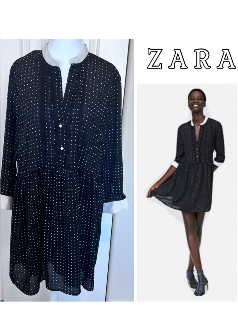 Zara Black White Polka Dot Lace Pintuck Button up Dress Sz XL
